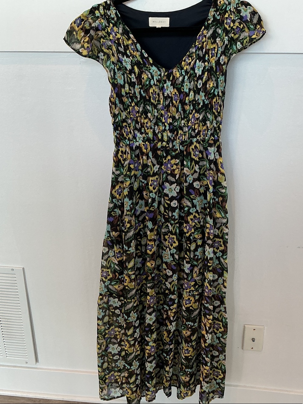 MELLODAY Black Floral Maxi Dress with Yellow & Purple Accents